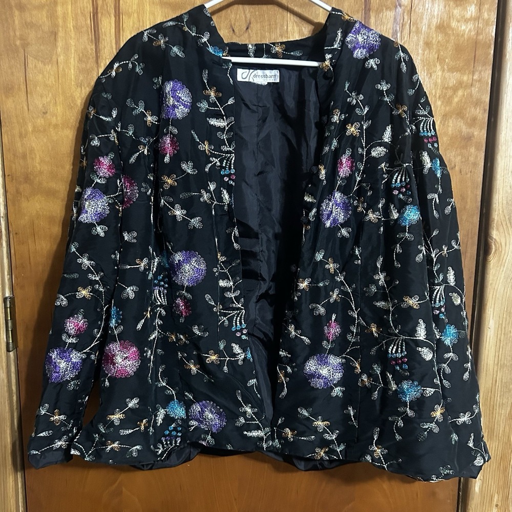 Vtg Dress Barn Jacket Womens Size X Large Black Floral Embroidery -No Size Tag-